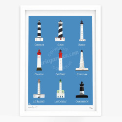 Affiche d'art signée à la main par Eric Garence "Côte Atlantique, les 9 Phares"