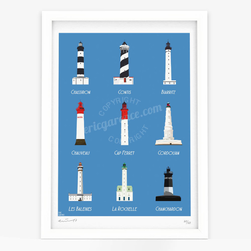 Affiche d'art signée à la main par Eric Garence "Côte Atlantique, les 9 Phares" Affiche d'art signée à la main par Eric Garence "Côte Atlantique, les 9 Phares"
