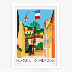 Affiche d'art signée à la main par Eric Garence "Bormes-les-Mimosas, La rue carnot"