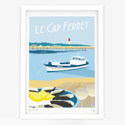 Affiche d'art signée à la main par Eric Garence "Huitre et Pessac-Léognan au Cap Ferret"