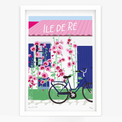 Affiche d'art signée à la main par Eric Garence "Vélo et roses trémières à l'île de Ré"