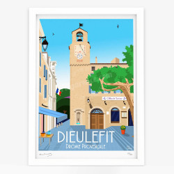 Affiche d'art signée à la main par Eric Garence "Dieulefit, Le beffroi à l'heure du Picodon"
