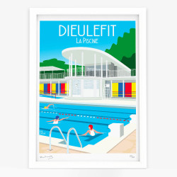 Affiche d'art signée à la main par Eric Garence "Dieulefit, La piscine art-déco"