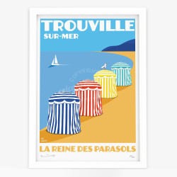 Affiche d'art signée à la main par Eric Garence "Trouville-sur-Mer, La reine des parasols"