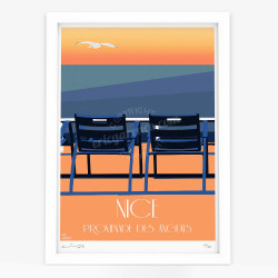 Affiche d'art signée à la main par Eric Garence "Nice, Nos 2 Chaises bleues, Sunset"