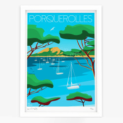 Affiche d'art signée à la main par Eric Garence "Porquerolles, Plage Notre-Dame"