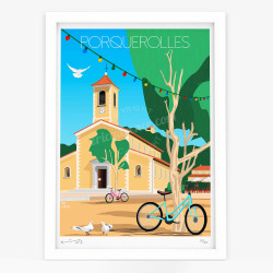 Affiche d'art signée à la main par Eric Garence "Porquerolles, Vélos et Colombes"