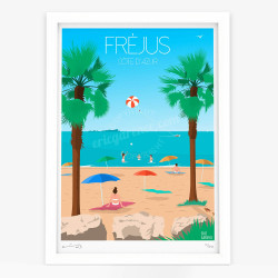 Affiche d'art signée à la main par Eric Garence "Fréjus, La plage et la tortue caouanne"