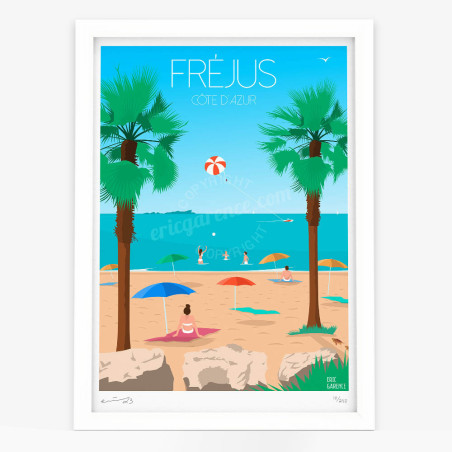 Affiche d'art signée à la main par Eric Garence "Fréjus, La plage et la tortue caouanne"