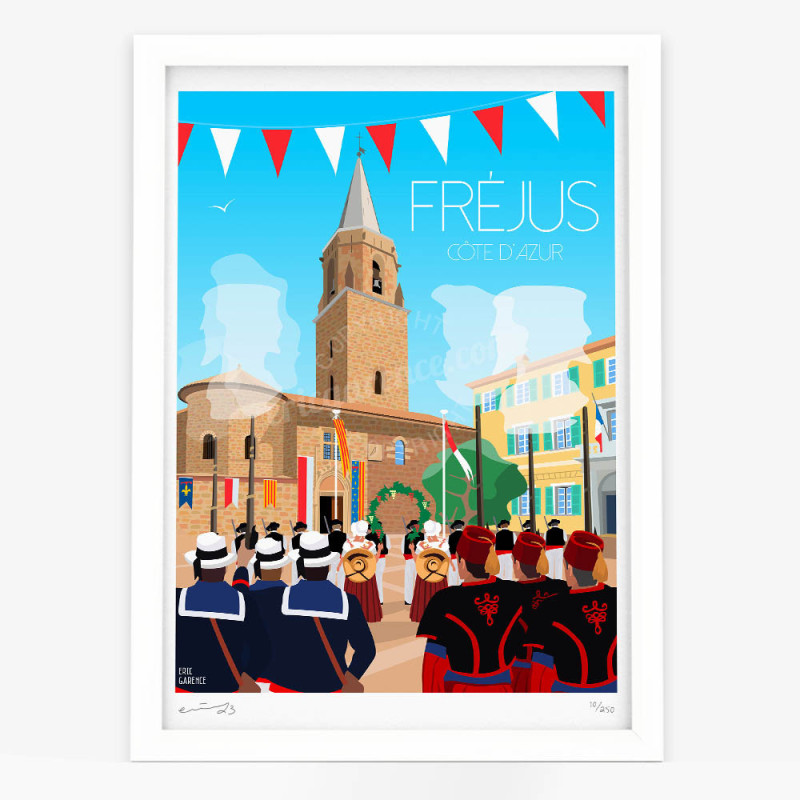 Affiche d'art signée à la main par Eric Garence "Fréjus, La Bravade devant la cathédrale Sainte-Léonce" Affiche d'art signée à la main par Eric Garence "Fréjus, La Bravade devant la cathédrale Sainte-Léonce"