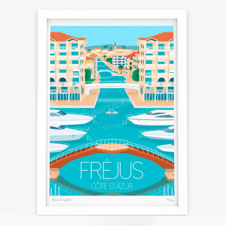 Affiche d'art signée à la main par Eric Garence "Fréjus, Feu d'artifice à Port Fréjus"