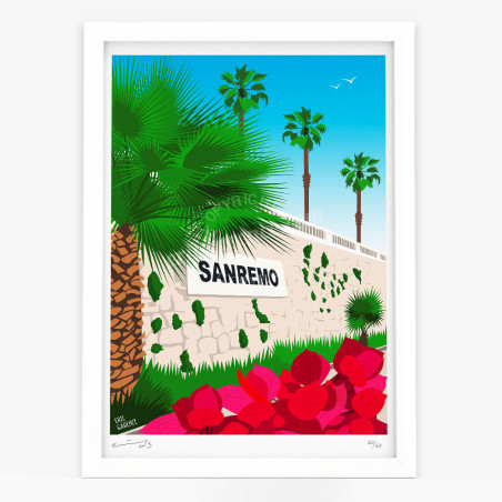 Affiche d'art signée à la main par Eric Garence "San Remo, Le bougainvillier"