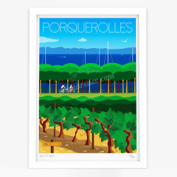 Affiche d'art signée à la main par Eric Garence "Porquerolles, A bicyclette dans les vignes"