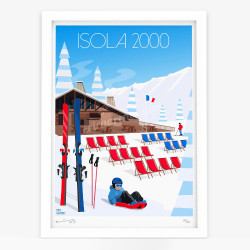 Affiche d'art signée à la main par Eric Garence "Isola 2000, Le chalet sur les pistes"