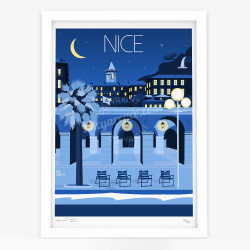 Affiche d'art signée à la main par Eric Garence "Le vieux Nice à minuit"