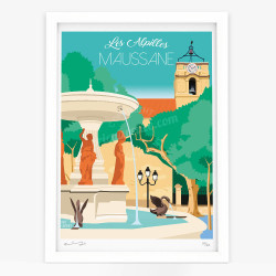 Affiche d'art signée à la main par Eric Garence "Maussane-les-Alpilles, La fontaine"
