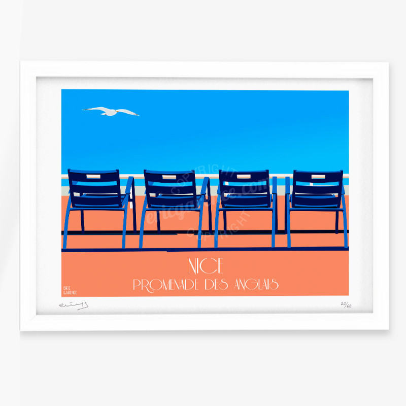 Affiche d'art signée à la main par Eric Garence Affiche signée ''Nice, Nos 4 Chaises Bleues'' Affiche d'art signée à la main par Eric Garence Affiche signée ''Nice, Nos 4 Chaises Bleues''