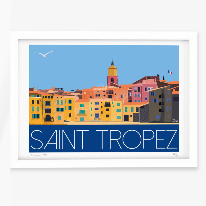 Affiche d'art signée à la main par Eric Garence "Saint-Tropez, La Ponche et BB"